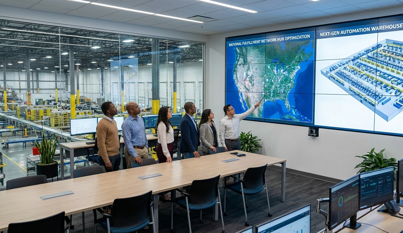 Fulfilment planning team reviewing pick-path efficiency, automation zones, and warehouse layout options